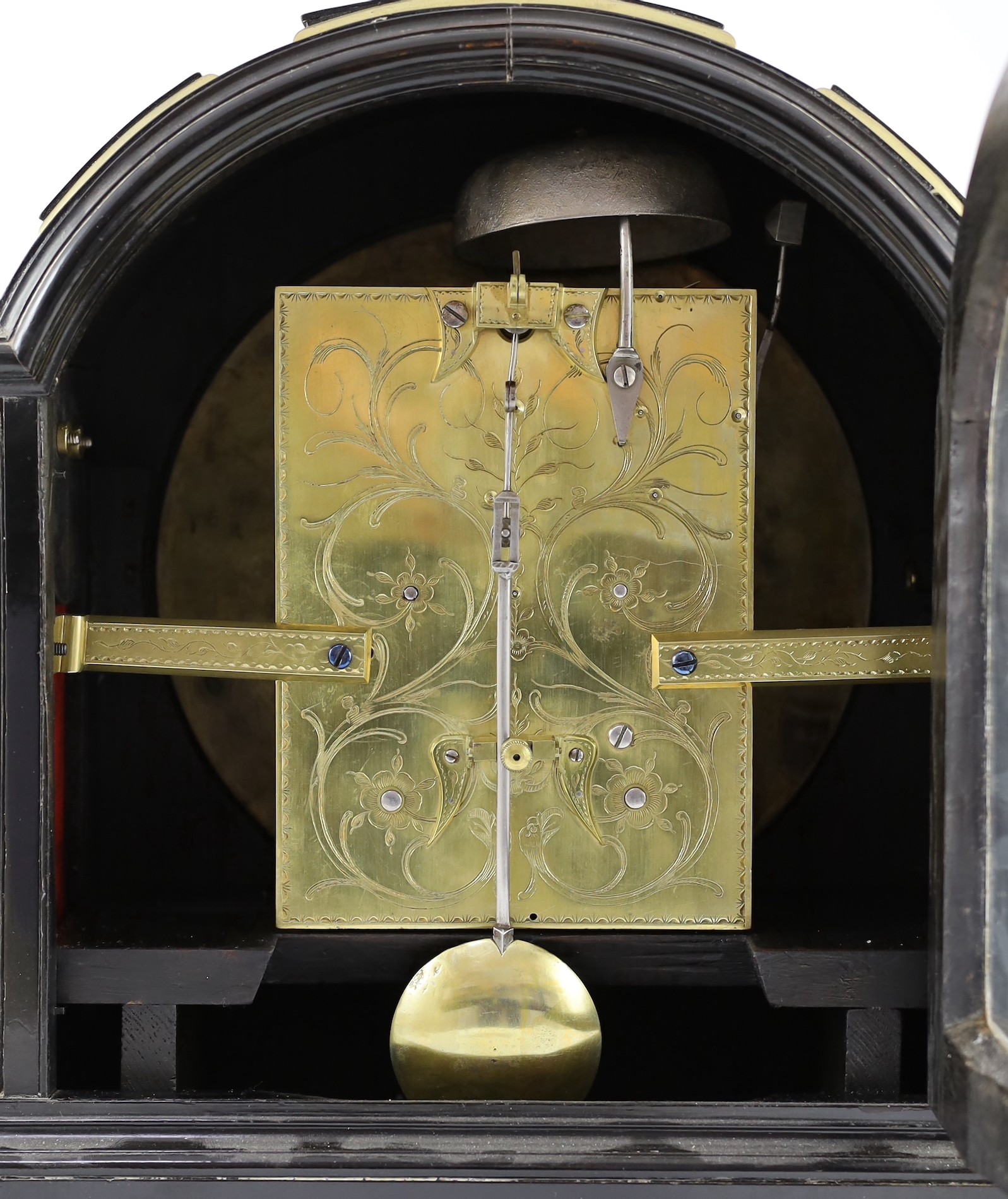 James Stewart of Glasgow. A Regency brass mounted ebonised bracket clock, 34cm wide 38cm high